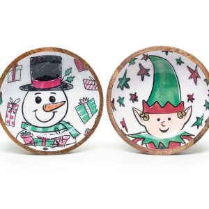 Ceramics |   Astd Snowman And Elf Mango Wood Bowls