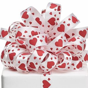 Decorative |   #5 White Satin Red Hearts Ribbon