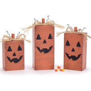 Home Accessories |   Wood Block Jack-O-Lanterns Varied Sizes