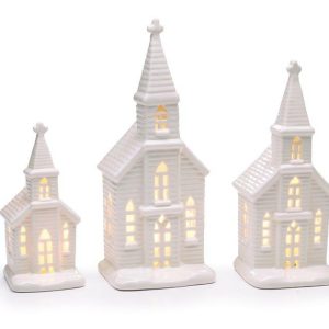 Inspirational |   White Ceramic Church Astd With Lights