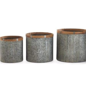 Pails |   Nested Tin Planter Set With Wood Trim