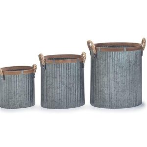 Pails |   Nested Tin Planter Set With Wood Trim