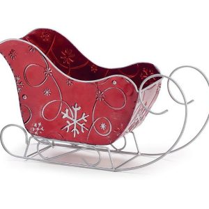 Planters |   Red Tin Sleigh Planter With Snowflakes