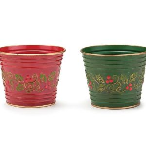 Pot Covers |   4" Christmas Holly Tin Pot Cover Assort