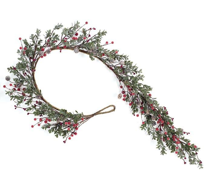 Silk Flowers |   Garland Boxwood And Frosted Red Berries